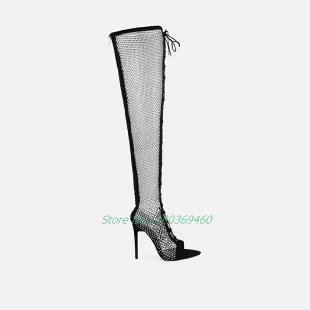 Diamante Mesh Lace Up Sandals Boots Crystal Bling Cross Strap Pointed Toe Thigh High Heels Sexy Hollow Solid Women Shoes 2022
