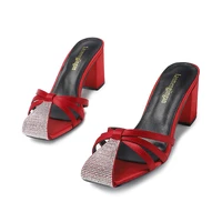toe rhinestone design thick high heel womens shoes 2022 new temperament fashion classic durable silk fabric ladies slippers