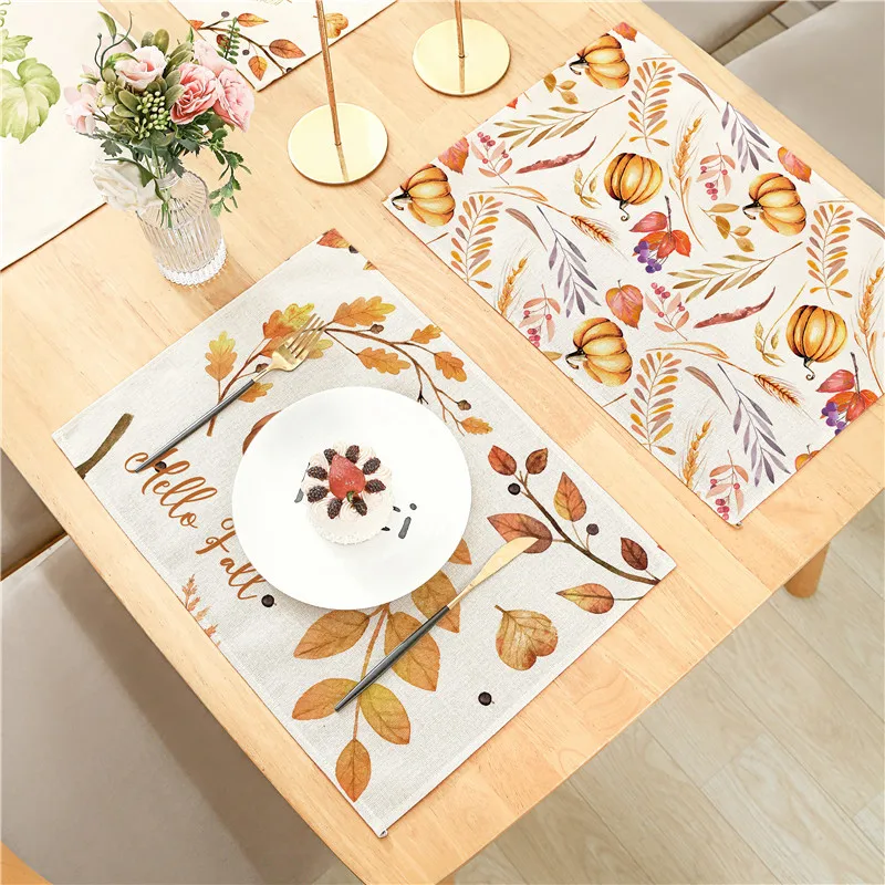 

Autumn Harvest Thanksgiving Pumpkins Leaves Farm Truck With Pumpkins Plaid Placemats For Dining Table Kitchen Linen 32x42cm