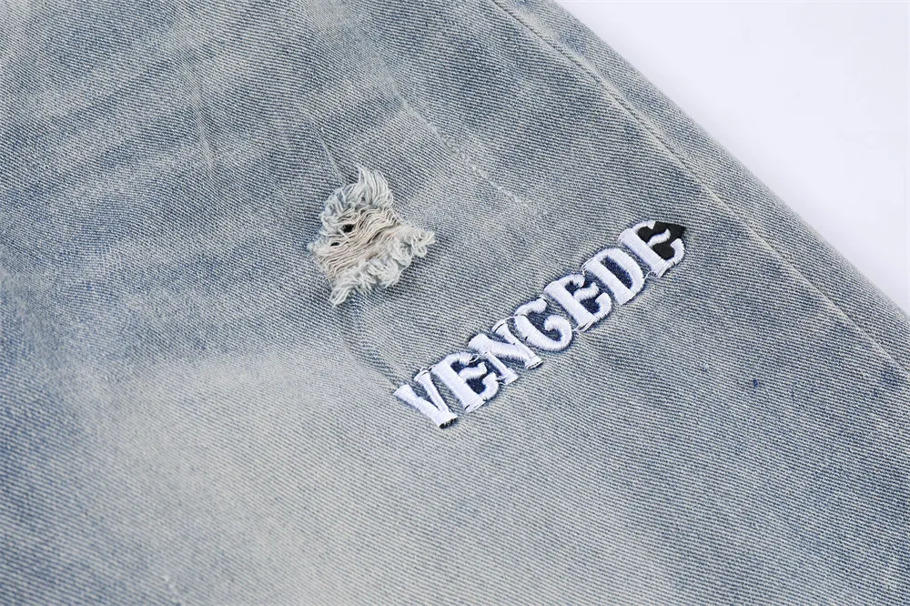 Retro Pocket Letter Embroidery Ripped Casual Jeans Men and Women Straight Harajuku Oversize Streetwear Loose Denim Trousers Blue