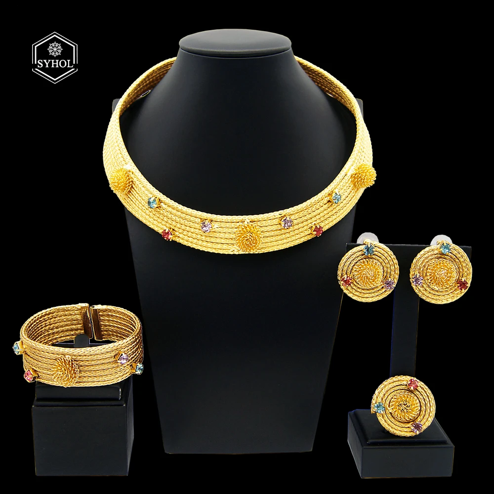 SYHOL 24K Original Women Luxury Jewelry Set Colorful Rhinestone Gold Plated Necklace Classic Choker Style Wedding Banquet