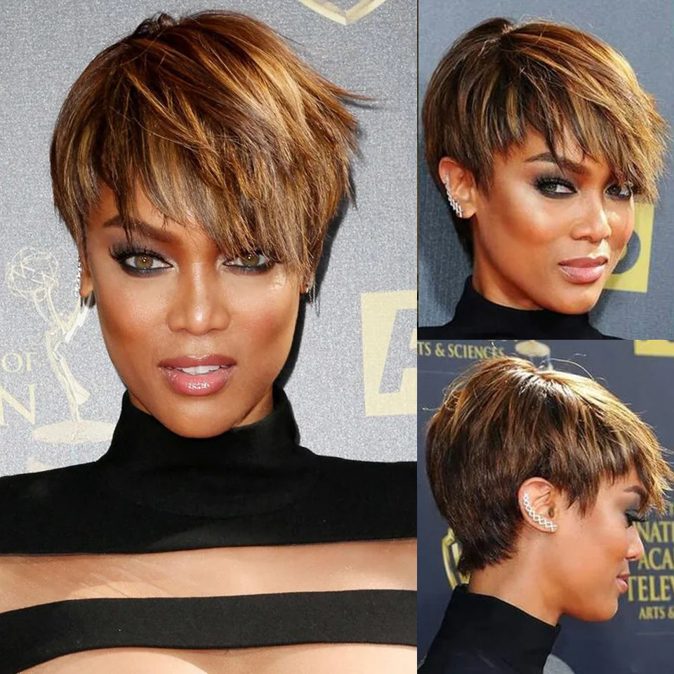 Trueme Short Straight Human Hair Wigs Fashion Pixie Cut Human Hair Wig For Women Brazilian Ombre Brown Red Grey Human Cheap Wigs