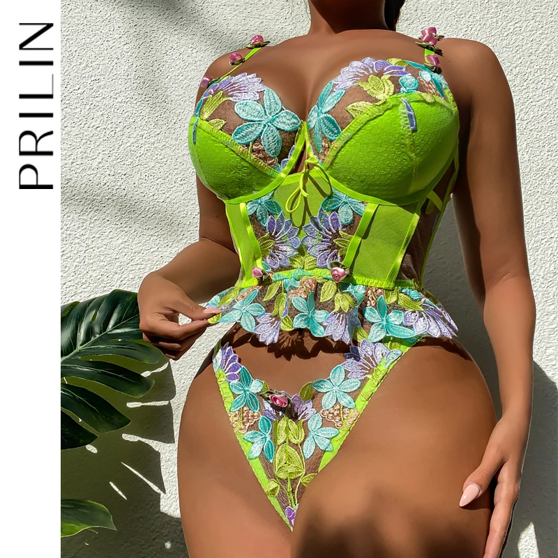 

PRILIN Embroidery Women Lingerie Rose Long Corset Bra Erotic Thong Bow Tie Back Flora Sexy Lingerie 2022 Underwear Set