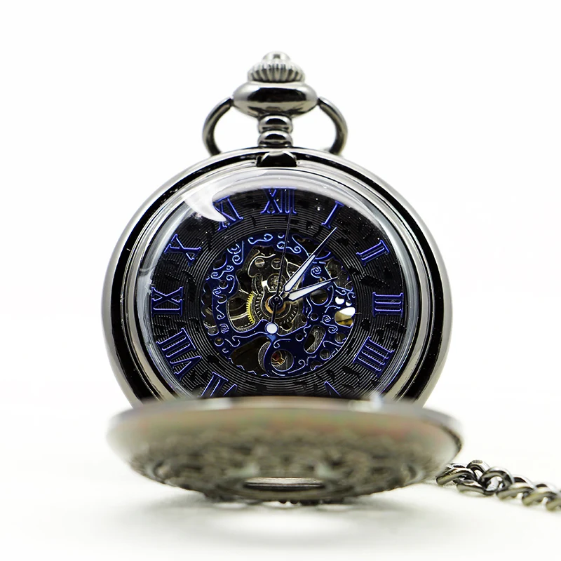 Vintage Skeleton Engraved Hunter Mechanical Pocket Watch For Women Blue Roman Numeral Dial Hand Wind Watch Chain Pendant Gifts