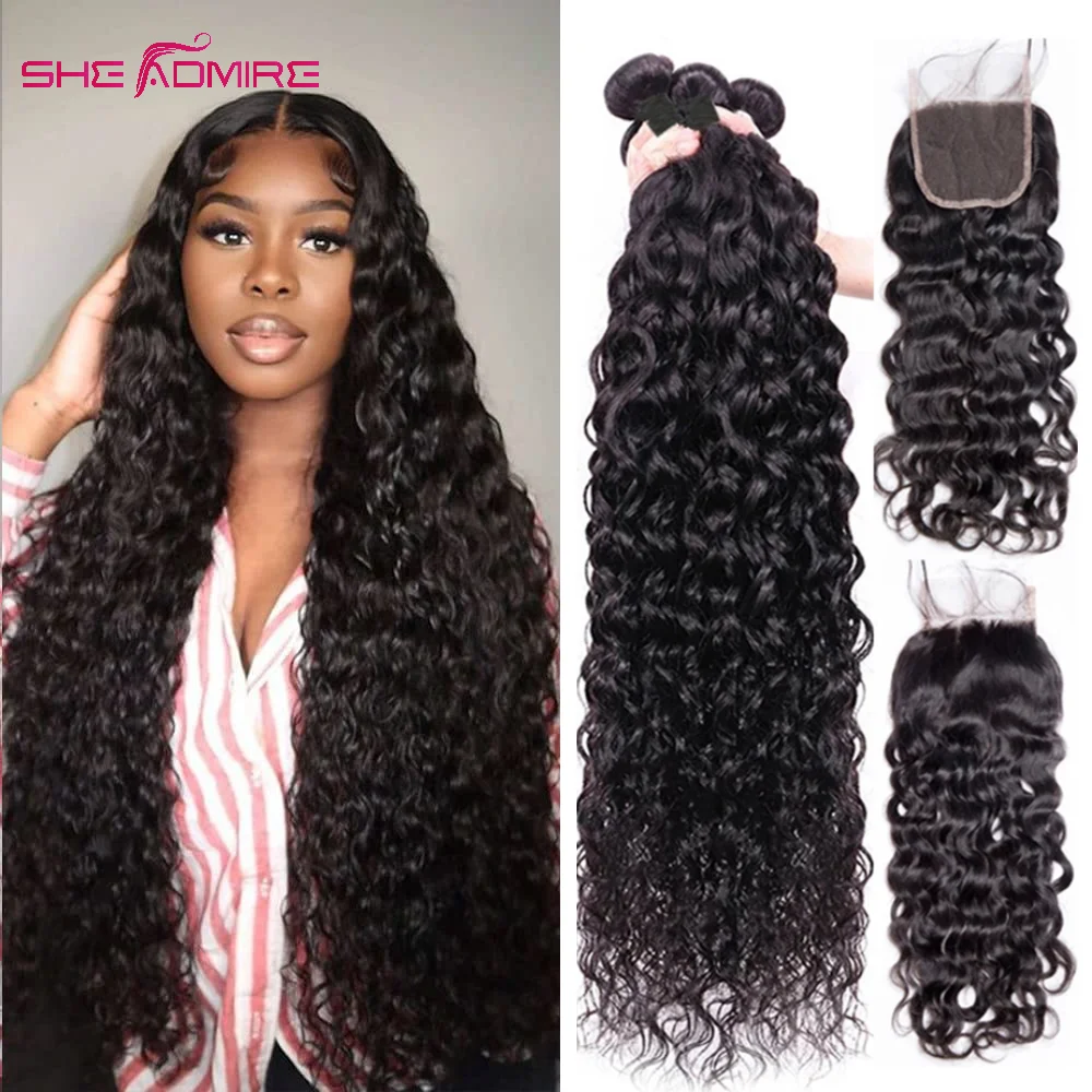 Water Wave Human Hair Bundles With Closure She Admire Curly Long Hair Extensions Brazilian Hair Weave Bundles with Frontal 13X4