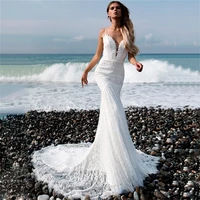 beach deep v neck womens wedding dresses 2022 mermaid lace appliques bride dress backless spaghetti straps bridal gown vestido