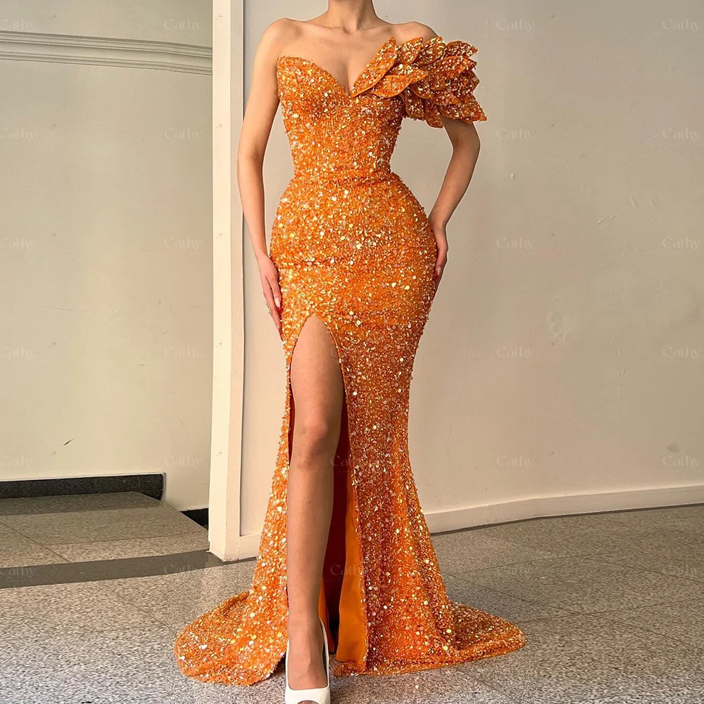 

Cathy Orange Sequin Prom Dress Off Shoulder Long Mermaid Party Dress Sexy High Slit Sweetheart Evening Dress 2022 Luxury Dress
