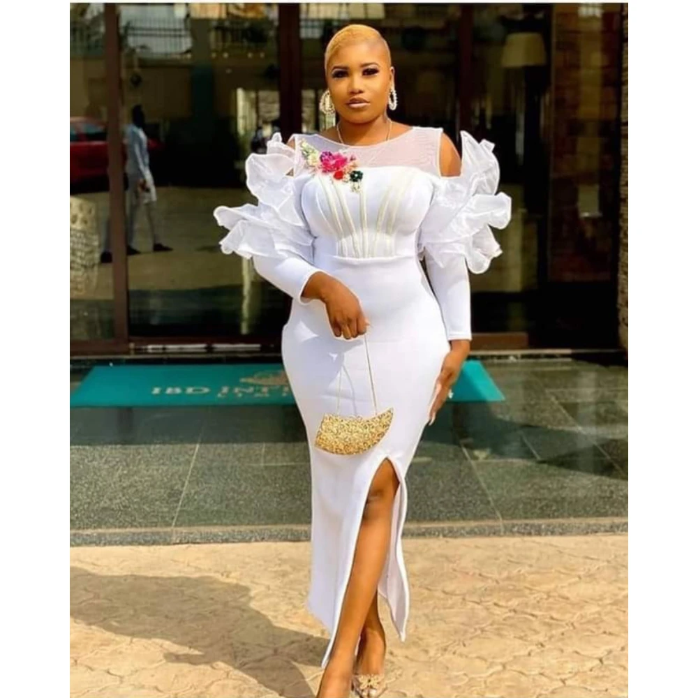 

Elegant African White Prom Dresses Elegant Ruffles Long Sleeves Evening Gowns Sexy Sheer Neck Side Split Tea Length Party Wear
