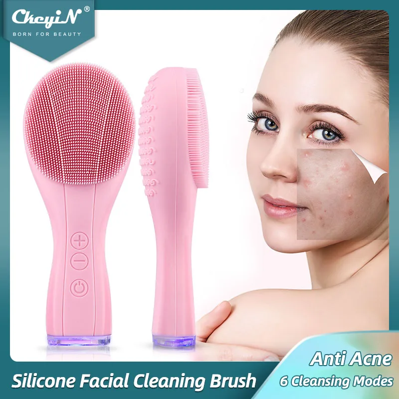 CkeyiN Electric Silicone Facial Brush Sonic Vibration Face Cleansing Brush Waterproof Acne Blackhead Remover Pore Cleaner 2 Side