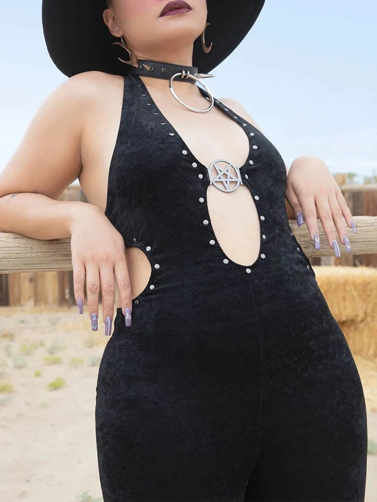 Женский бархатный комбинезон InsDoit черный в готическом стиле с вырезом на спине и