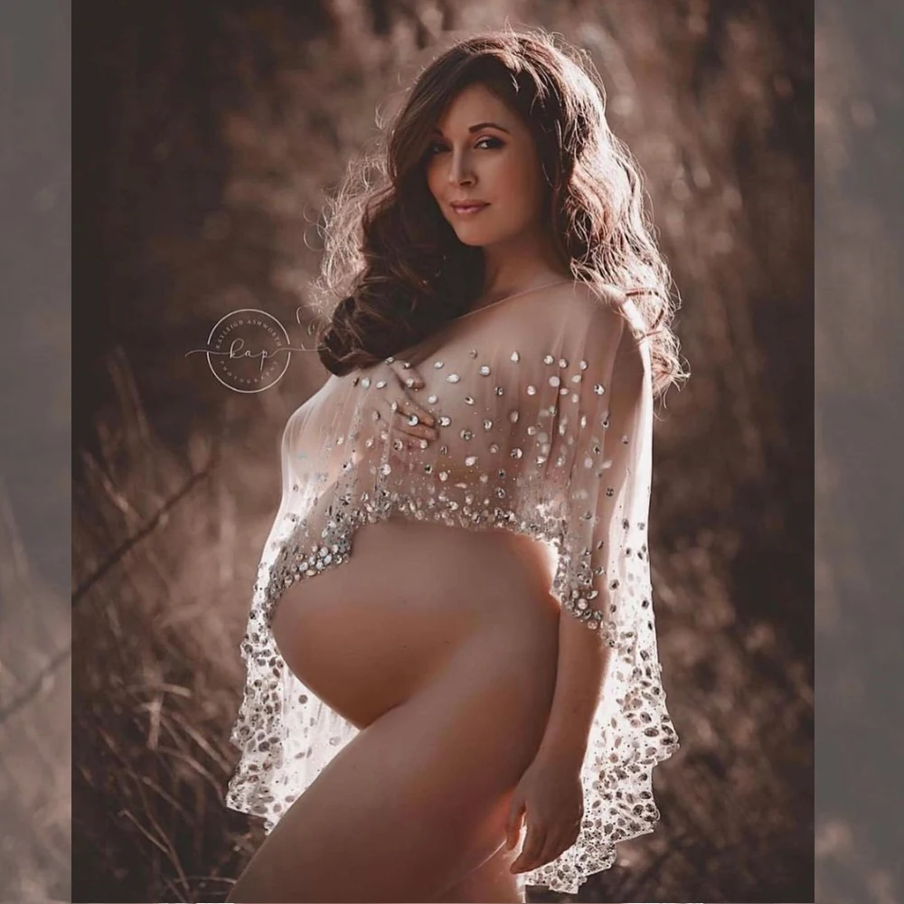 Maternity Photography Props Dress SexyTransparent Gauze Luxurious Shiny Rhinestone Cloak Props For Pregnant Women's Photos