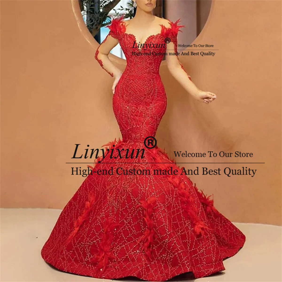 

Арабское платье для выпускного вечера Aso Ebi, красное платье с юбкой-годе, Роскошные вечерние платья с бусинами и перьями, Прозрачное платье с длинным рукавом, Африканское платье для торжества