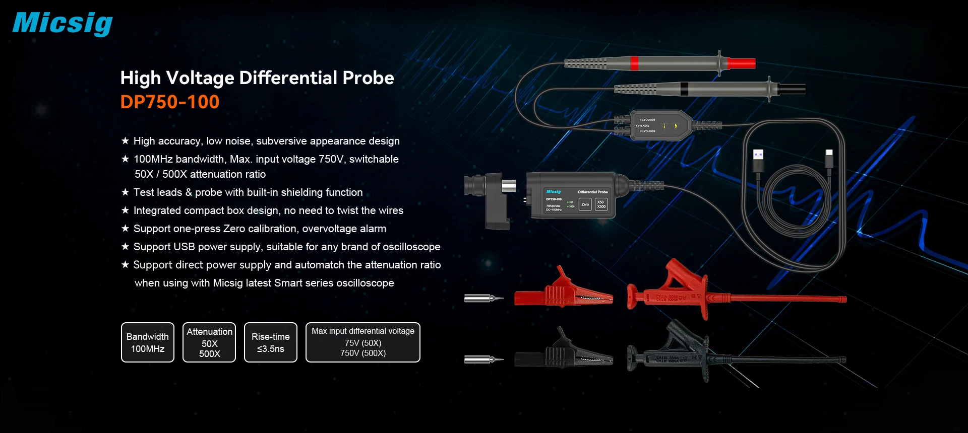 Micsig осциллограф 750 В 100 МГц дифференциальный датчик высокого напряжения DP750-100