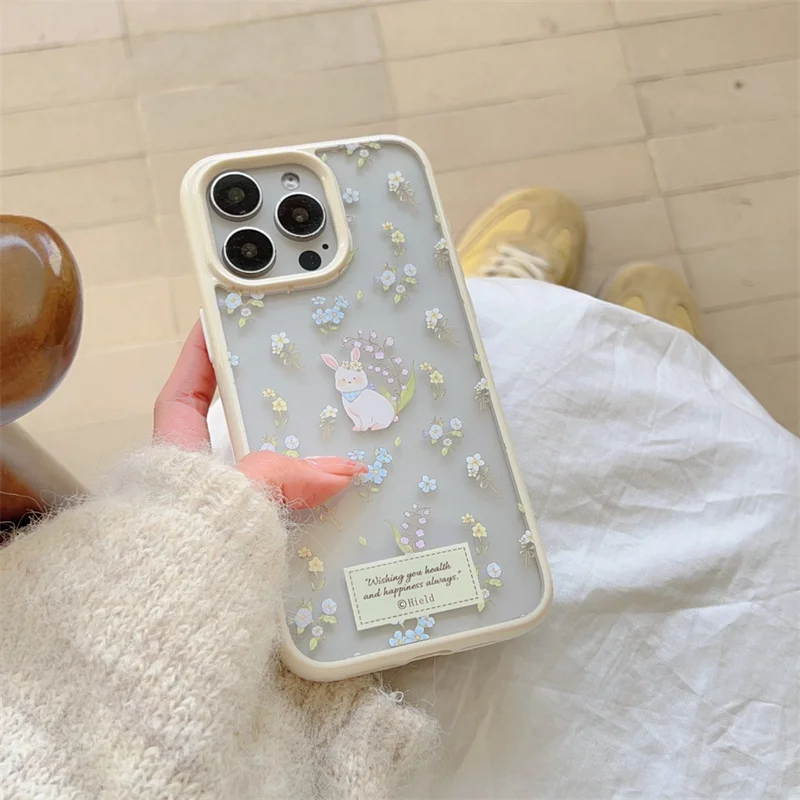 Чехол для телефона с милым кроликом Clean Wildflower iPhone 13 14 15 Pro 12 16 Max акриловый