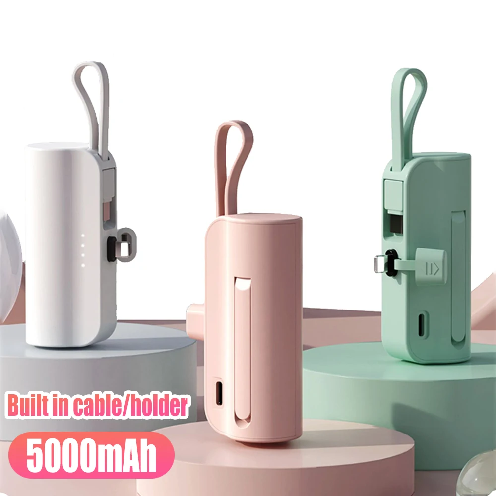 5000mAh Portable Power Bank Built In Cable Charger Mini External Cute Spare Auxiliary Battery For Cell Phone iPhone Xiaomi