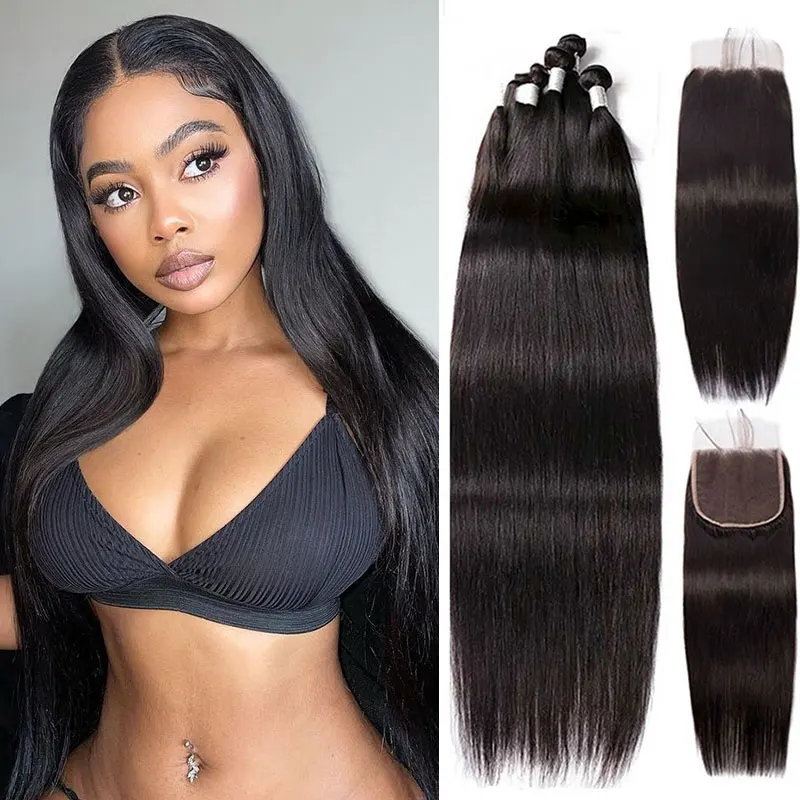 

Straight Bundles Humain Hair With Frontal HD Lace 13x4 30 Inch Natural Human Hair Extensions Brazilian Hair Bundles With Closure
