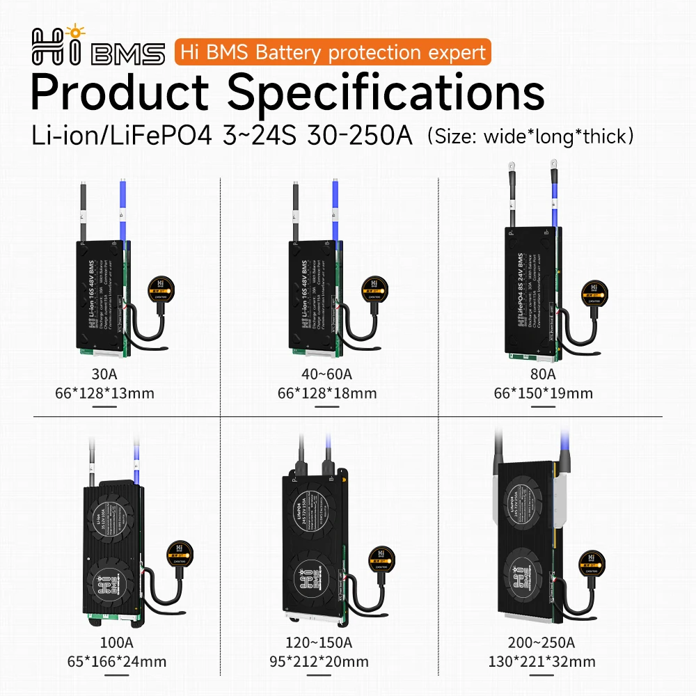 HIBMS Smart BMS Bluetooth Lifepo4 4S 12V 8S24V 16S48V Li-ion Battery Solar Inverter Outdoor Power Home Energy Storage RV Scooter