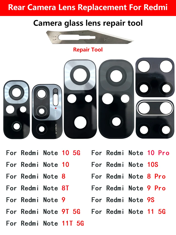 

100Pcs Original For Redmi Note 11 Camera Glass Lens With Glue For Redmi Note 8 9 10 Pro 9S 10S 8T 9T 11T Camera Glass With Tools