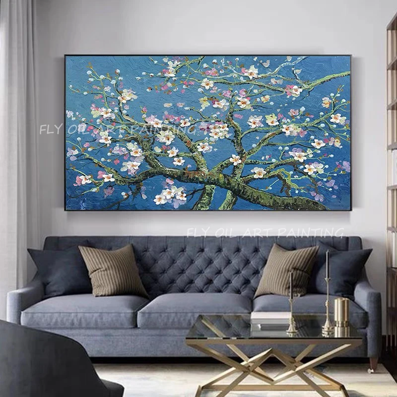 100% ручная работа Цветочное дерево красивое растение роспись синий холст толстые