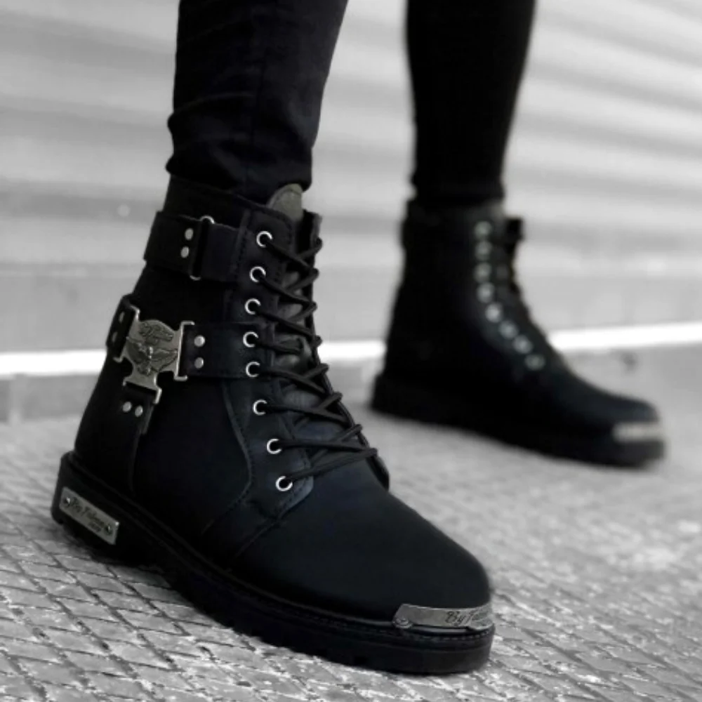 Мужские зимние байкерские ботинки из искусственной кожи черные мотоциклетные