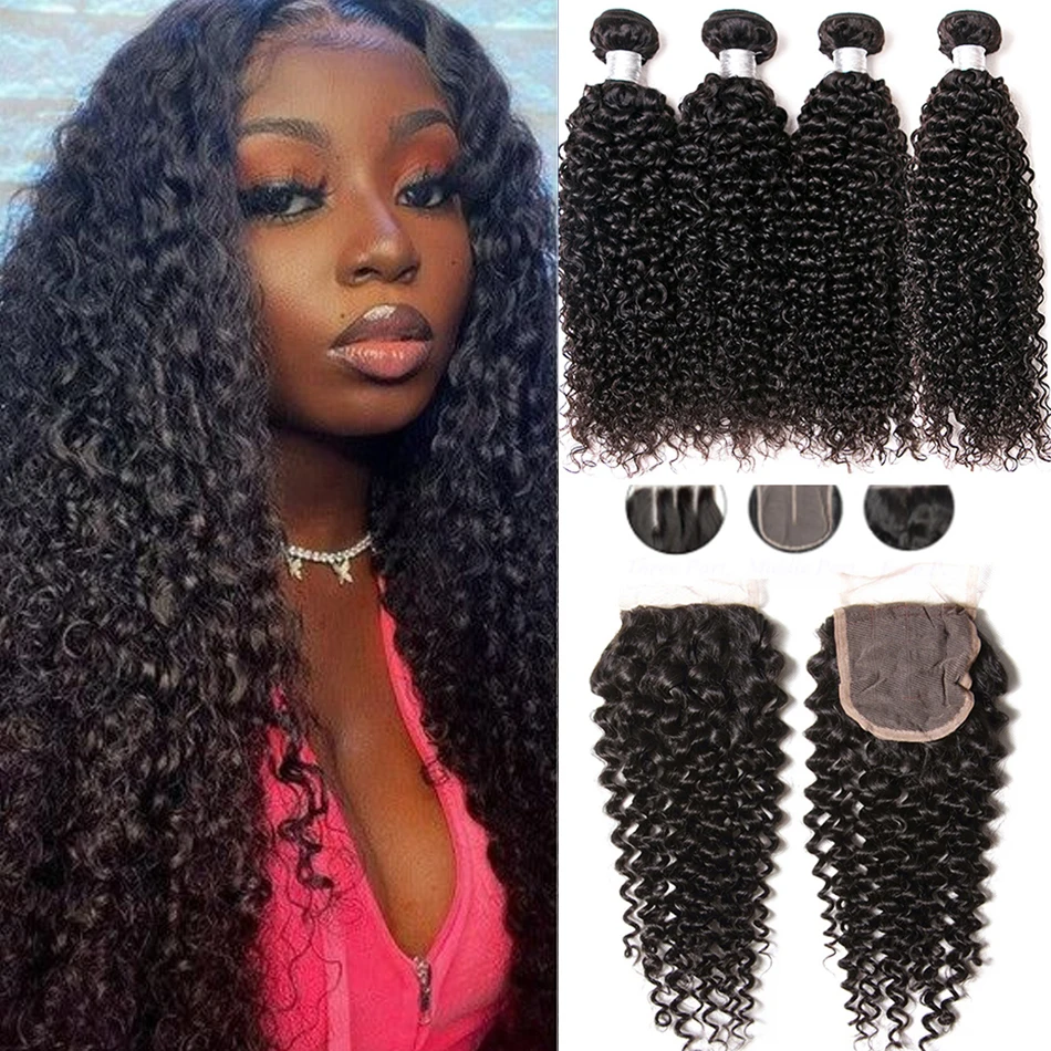 

Kinky Curly Human Hair Bundles With Closure 12ARaw Unprocessed Jerry Curl Hair Extension lot de tissage bresilienne avec closure