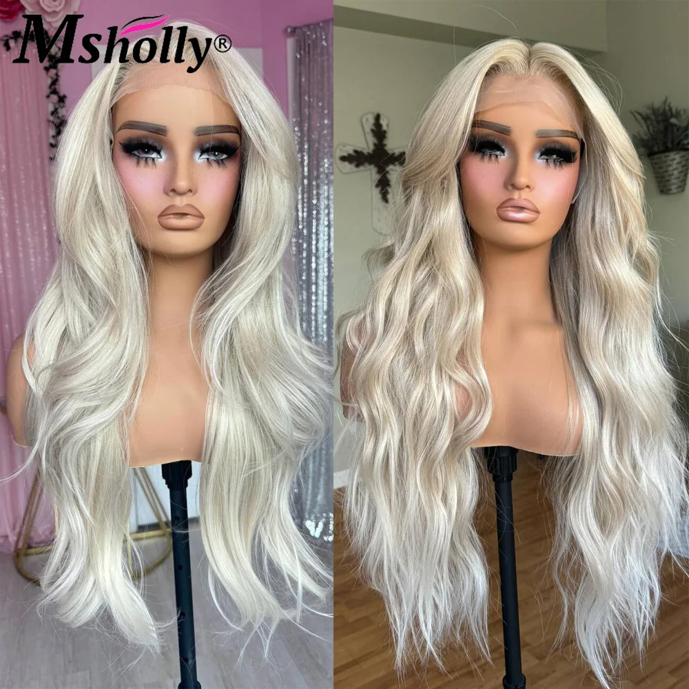Платиновый блондин 13X4 Парики фронта шнурка Человеческие волосы Объемная волна