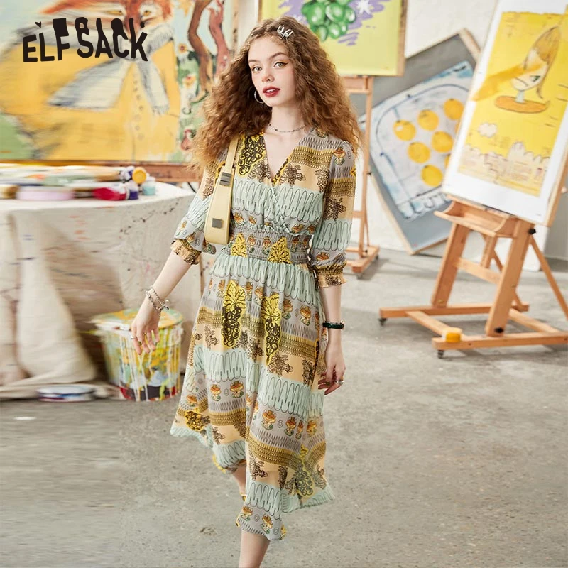 

ELFSACK Green Printed Chiffon Dress Women 2022 Summer High Waist Dress High Waist Ladies Daily Dress