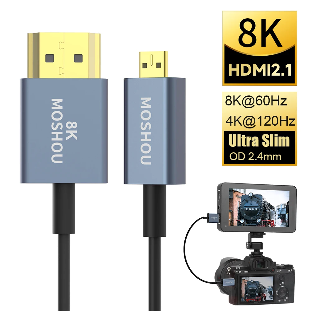 MOSHOU HDMI 2.1 Ultra Thin Flexible Micro HDMI to HDMI 8K@60Hz 4K@120Hz for Gimbal GoPro Hero 7 Camera Stabilizer Laptop