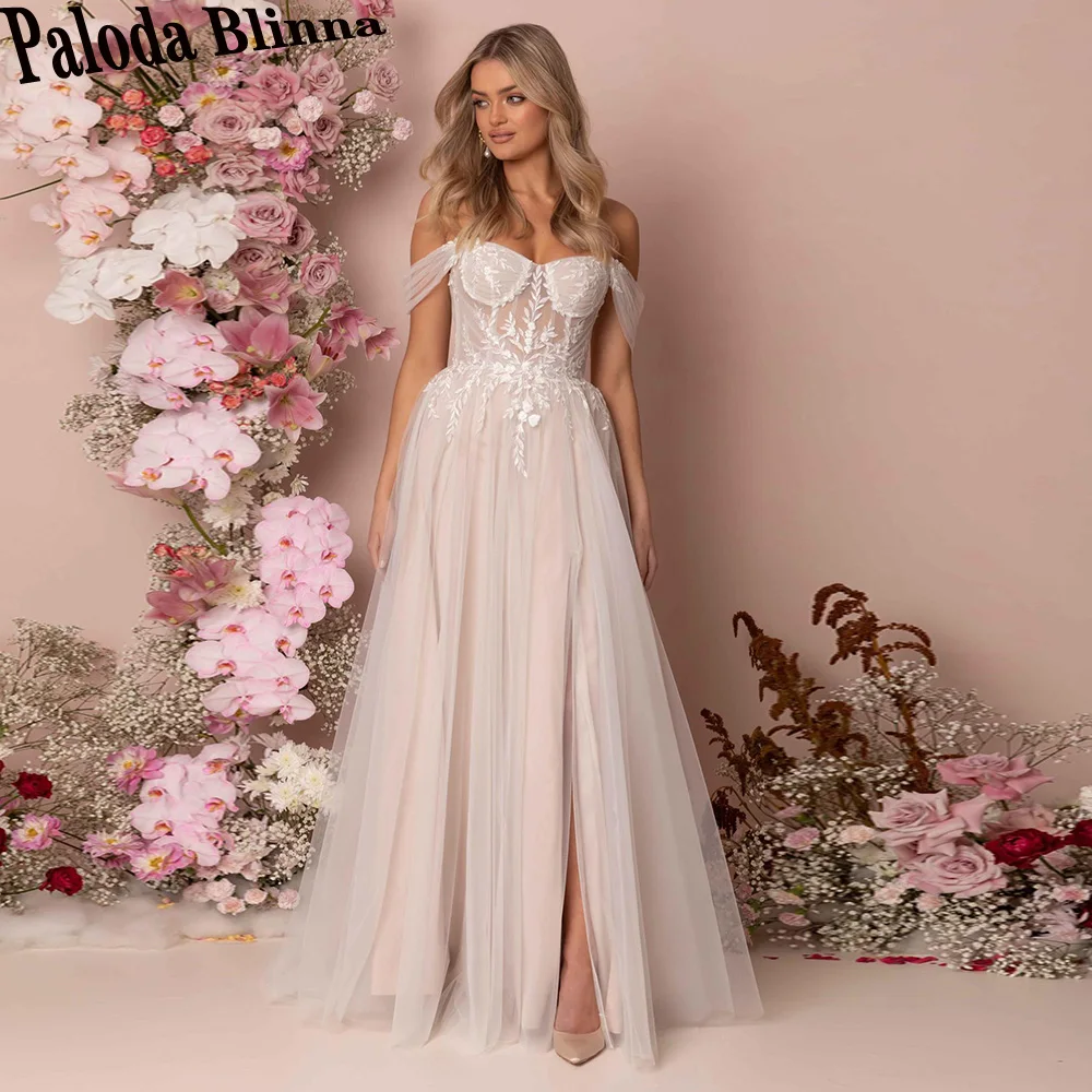 

Paloda Modern Slit A-LINE Wedding Gown For Bride Sweetheart Off The Shoulder Button Court Train Backless Vestido De Noiva 2023