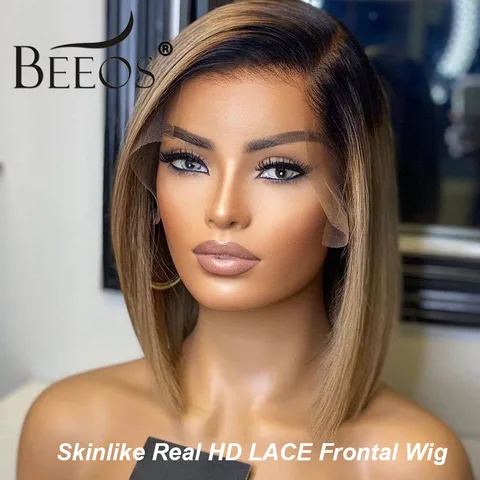 BEEOS пепельный блонд 13x4 HD кружевные передние парики из человеческих волос, прямые короткие волосы для женщин, предварительно выщипанные 5x5 HD парики с застежкой