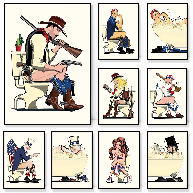 

American Bathroom Humor Modern Art Canvas Paintings Funny Posters and Prints Wall Art Pictures For Living Room Decor Frameless