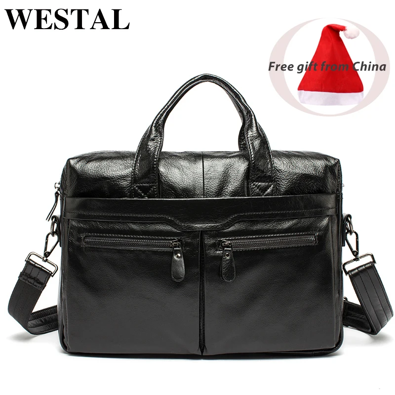 WESTAL Business Men's Bags Genuine Leather Briefcase for Men 14 Laptop Bag Men Leather Bags for Document Messenger Bag Men 9005