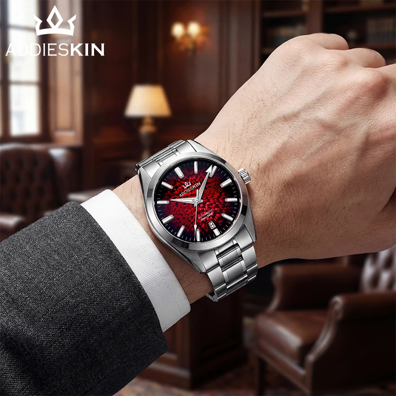 Фото Мужские автоматические часы ADDIESKIN K003 с красным циферблатом, 38 мм, ультратонкие, с японским механическим механизмом Miyota 9015, BGW9, суперлюминесцентные, для дайвинга №3