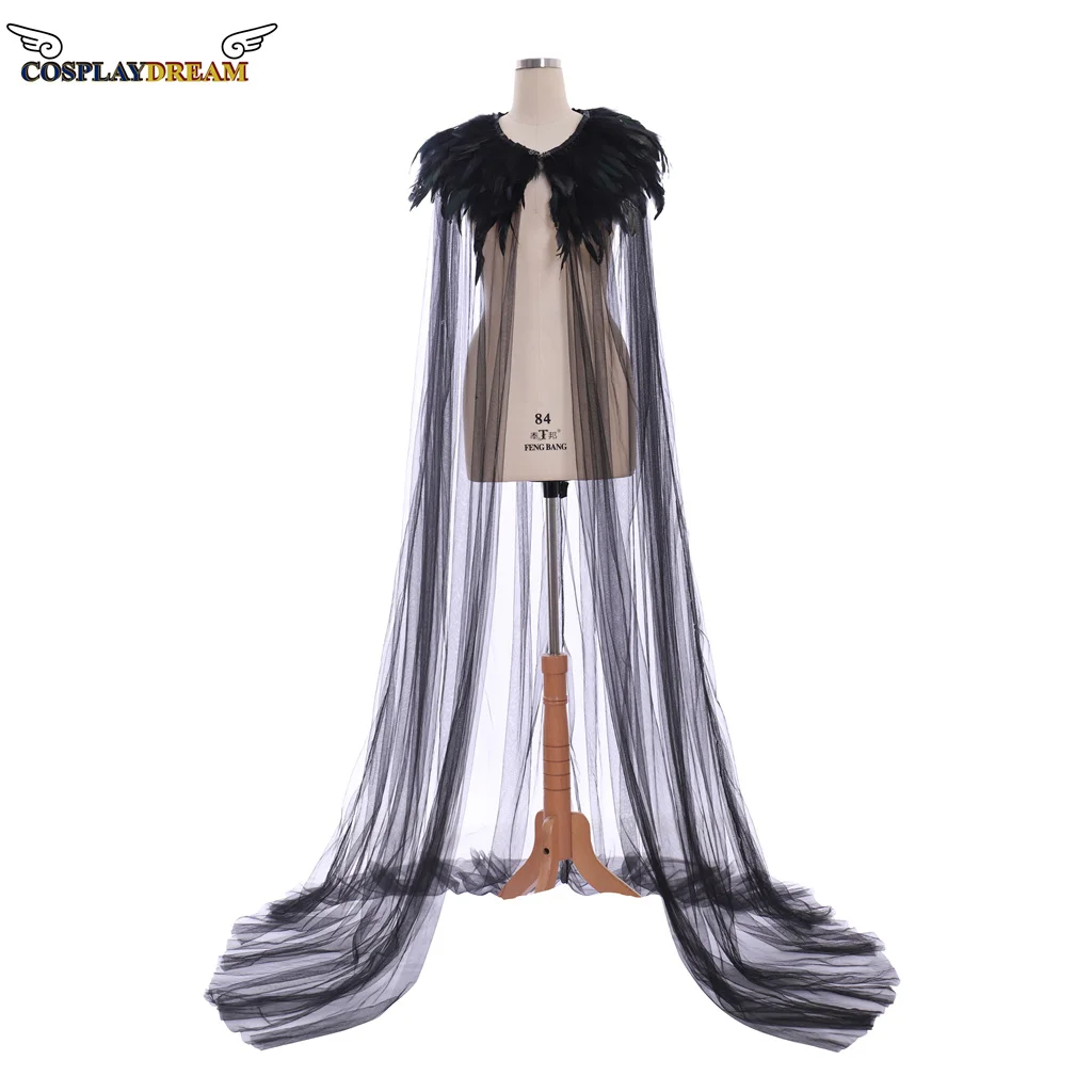 

Black Evil Queen Cloak Steampunk Feather Collar Light Gauze Cape Witch Cloak Halloween Cosplay Prop