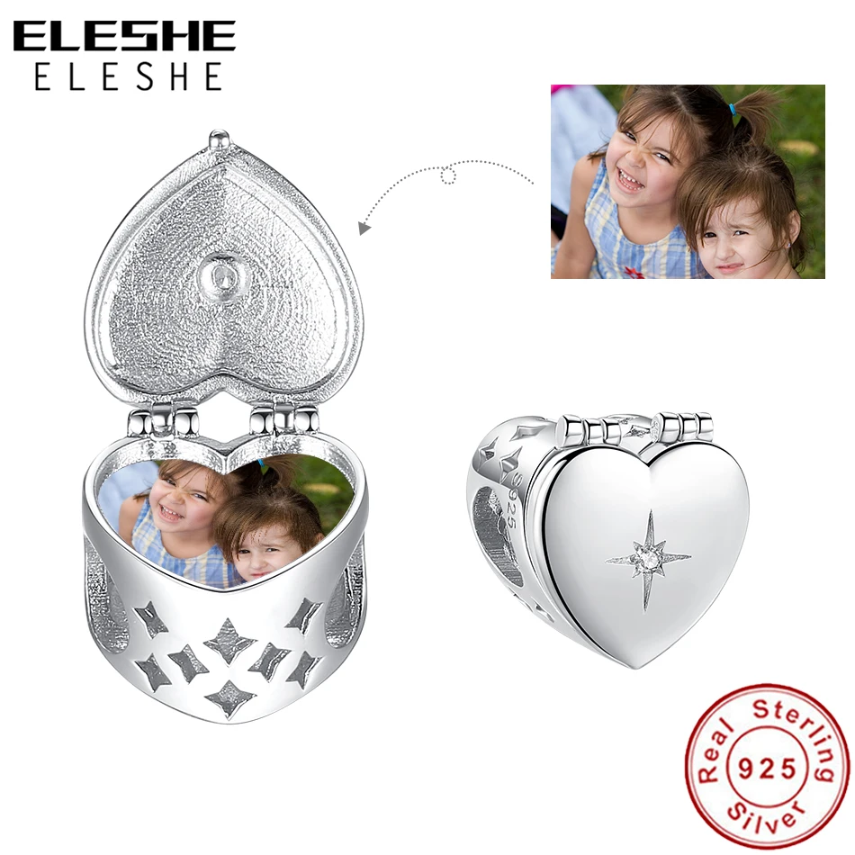 ELESHE 100% 925 Sterling Silver Octagonal Star Custom Photo Charm Openable Heart Bead Fit Original Bracelet Women DIY Jewelry