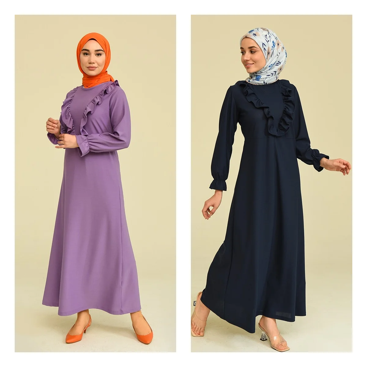 Frilly Dress Long Sleeve Crew Neck Eid Muslim Fashion Shawl Bone Sports Sets Islamic Women Hijab Travel Clothing Seasonal Abaya