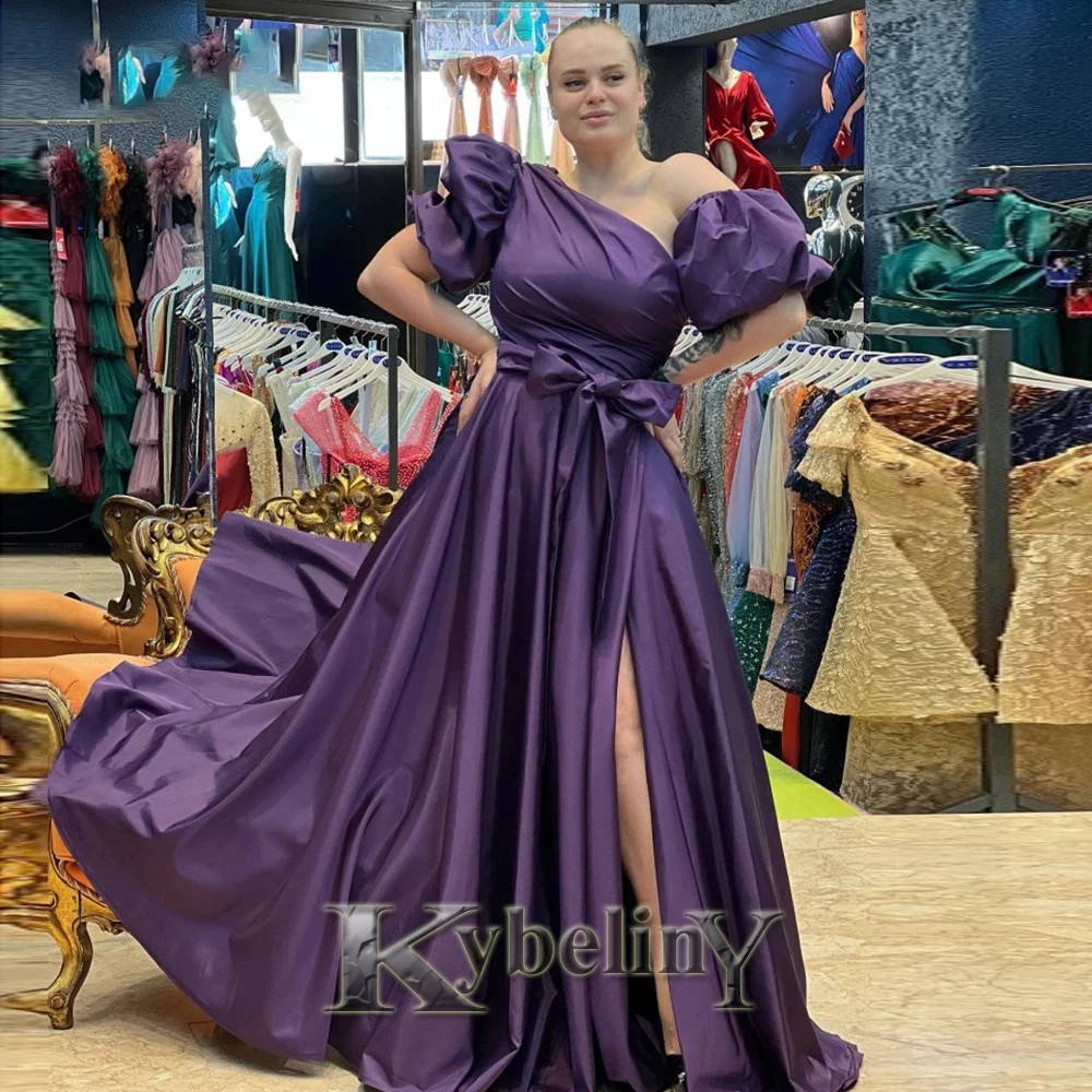 

Kybeliny Plus Size Prom Dress Short Sleeves Satin High Side Split Evening Gowns Dubai Arabic Party Vestido De Fiesta Customised