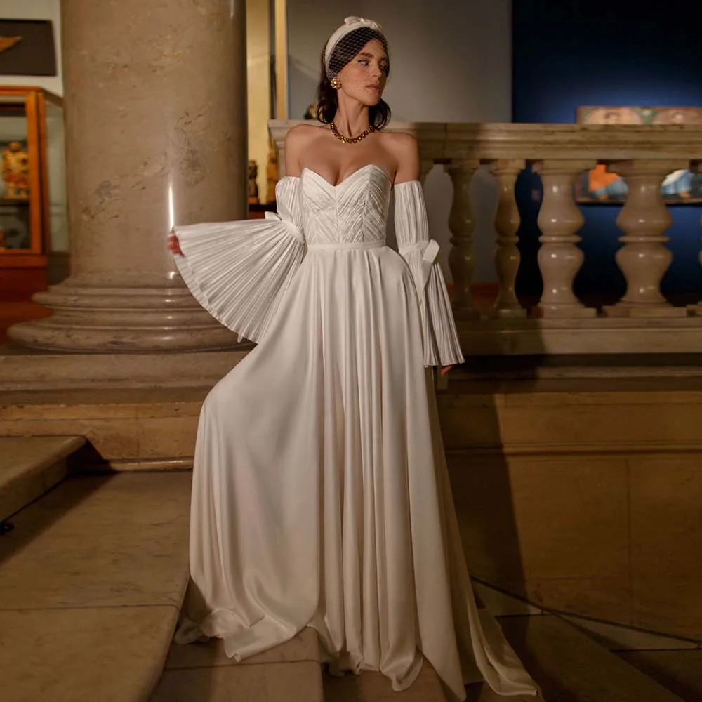 

Modern Wedding Dresses Sexy V-Neck Pleats Lace Up Bridal Gown For Women 2022 New Flare Sleeve A-Line White Satin Bride Dress