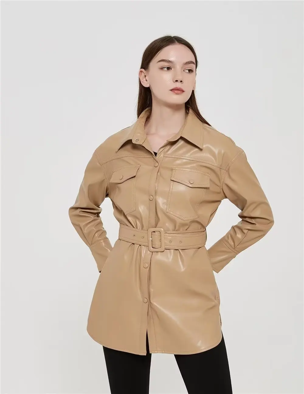 MOLA Fashion Woman Leather Jacket Winter Za Loose With Belt High Street Lapel Sexy Outwear Top Female PU Coat Outwear