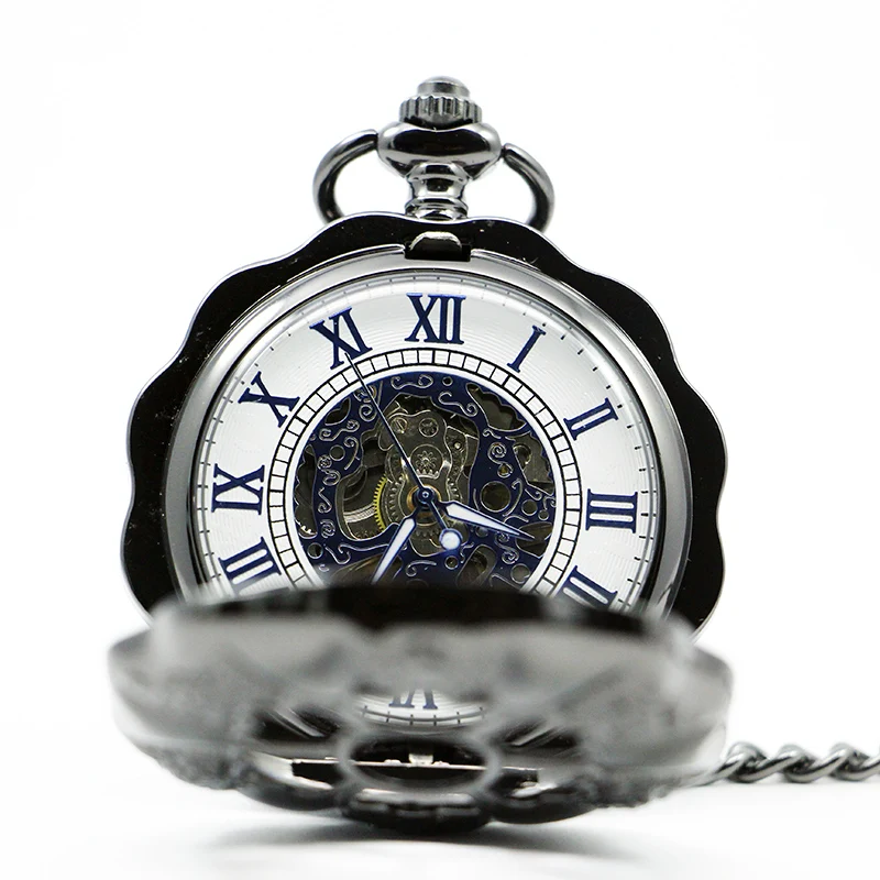 Vintage Skeleton Mechanical Pocket Watch Hollow Case Hand Winding Pendant Clock Roman Numerals Retro Watch for Men reloj hombre