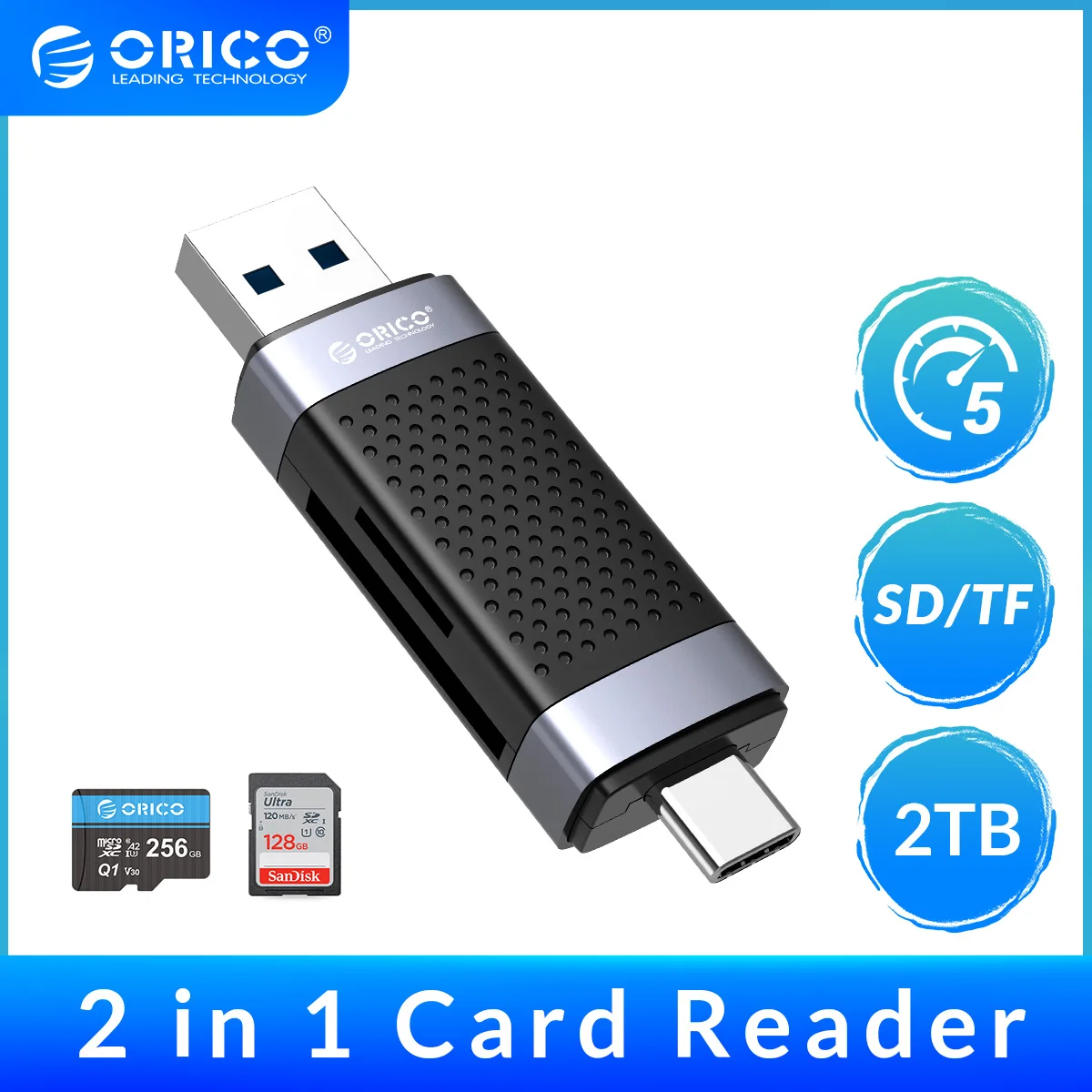 

ORICO 2 In 1 USB3.0 Type C Card Reader Memory Card Reader Portable Smart Card Reader Adapter for TF SD Micro SD SDXC SDHC MMC