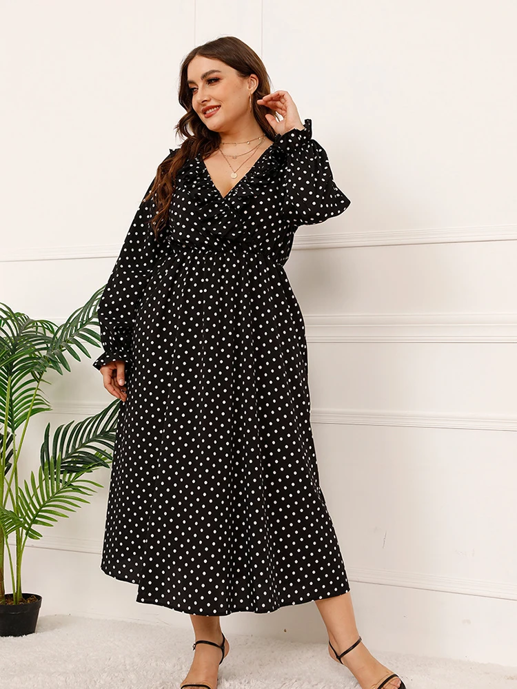 Women'S Plus Size Dress Clothing Spring Summer 2022 White Dot V Neck Long Sleeve Elegant Fashion Long Dresses Of Large Sizes