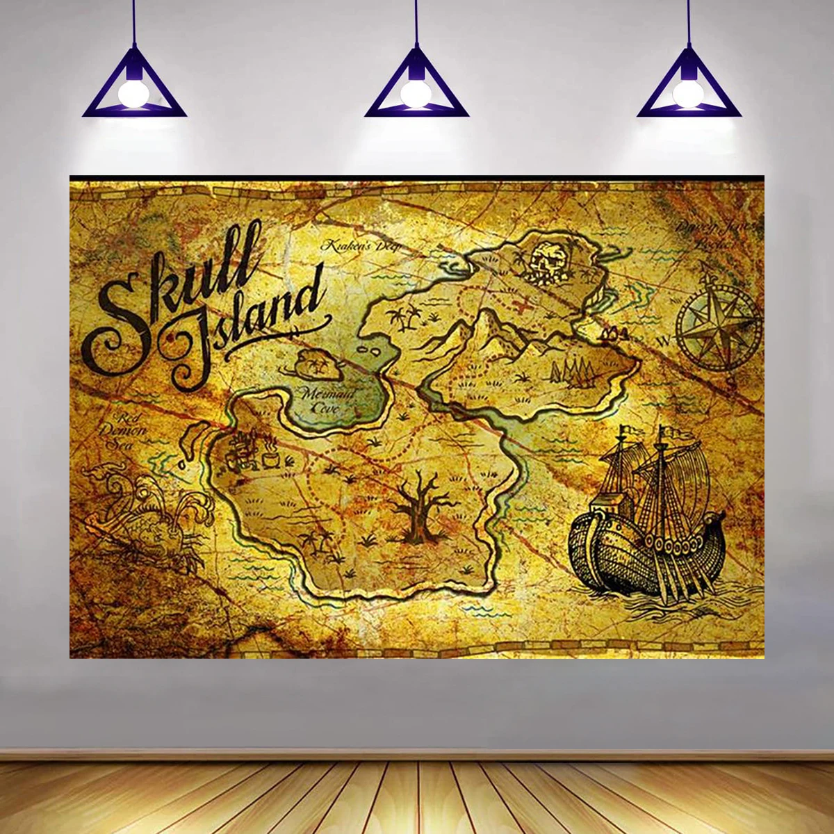 

Treasure Map Hunter Game Happy Birthday Photography Backdrop Background Banner Bedroom Wall Decoration Skull Island Theme Party