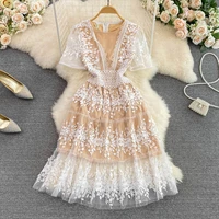 clothland women sexy embroidery lace dress short sleeve hollow out mesh a line club event wear midi dresses vestido qb177