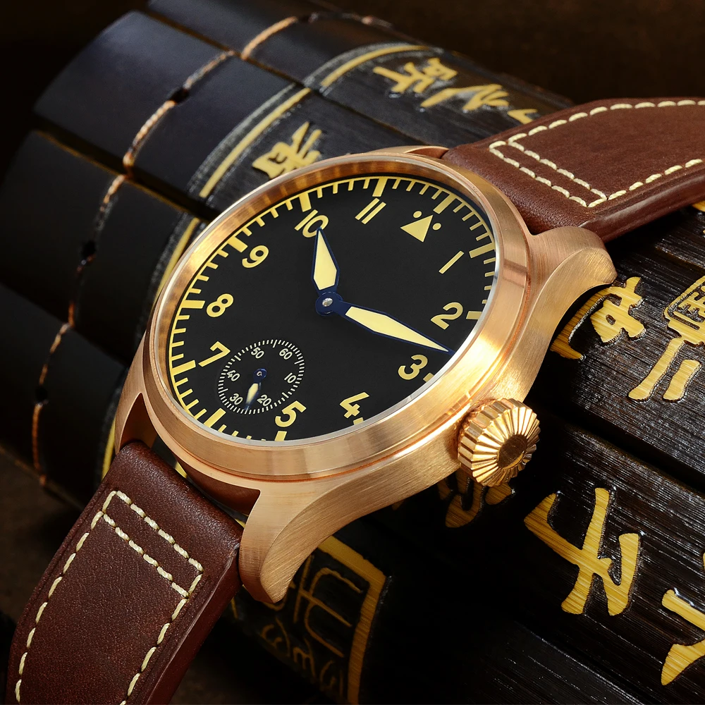 Дешево Мужские часы San Martin Bronze Pilot 44 мм, механические часы с сапфировым кожаным ремешком, светящийся водостойкий прозрачный чехол на заднюю панель