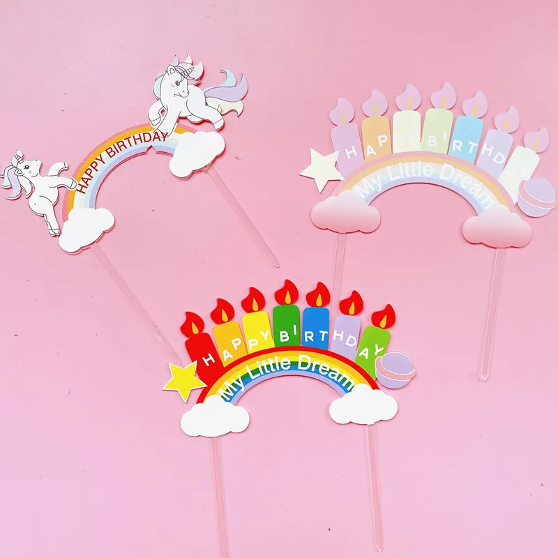 

Rainbow Multi Color Cupcake Topper Happy Birthday Girls Unicorn Birthday Party Cake Decor Wedding Dessert Baking Cake Top Deco