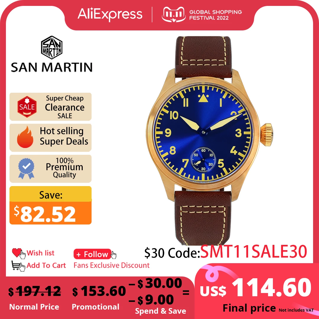 Дешево Мужские часы San Martin Bronze Pilot 44 мм, механические часы с сапфировым кожаным ремешком, светящийся водостойкий прозрачный чехол на заднюю панель