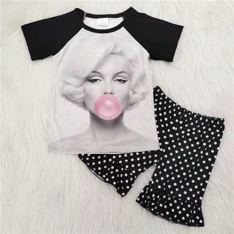 

kids clothing set short sleeve top and black polka dots shorts girl clothes set summer boutique outfit clothing set