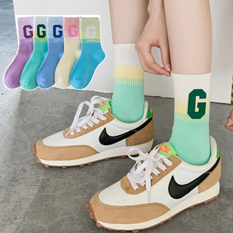 LISCN 2023 Harajuku Rainbow Color Women's Socks Middle Tube Gradient Cotton Stocking For Girls Soft Fashion Sports  Accessories