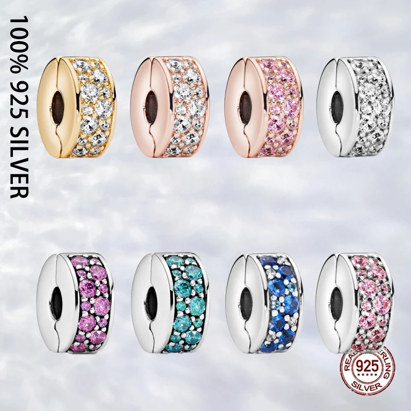 

Fit Original Real 925 Sterling Silver Colorful Pave Clip Charm For Women Bracelet Trinket DIY Jewelry